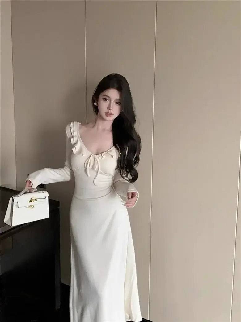 LIZAKOSHT  -  V-neck Lotus Leaf Dress Women's Strappy Waist Long-sleeved Gentle Style A-line Long Skirt