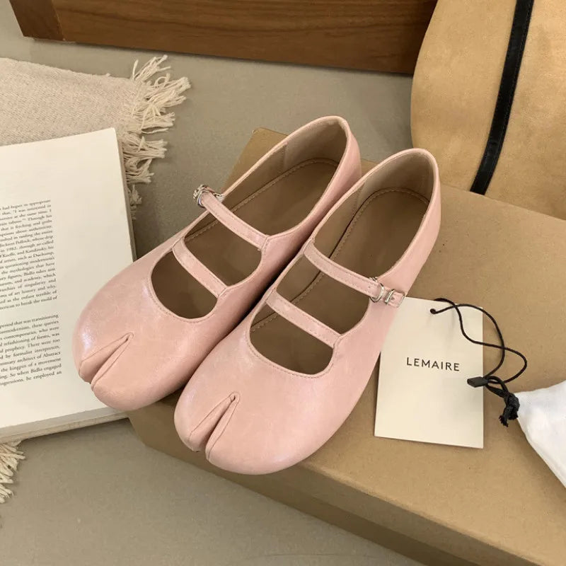 LIZAKOSHT  -  Spring New Tabi Ninja Shoes Women Round Spilt Toe Shallow Buckle Ballet Shoes Fashion Eelgant Low Heels Mary Jane Single Shoes