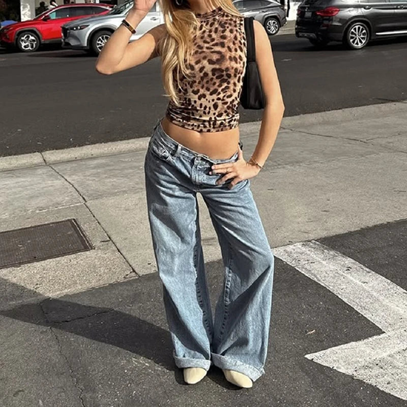 LIZAKOSHT  -  Hot Girls Y2K Irregular Vest Sexy Casual Street Club Crew Neck Sleeveless Leopard Print Skinny Trendy Folds Short Tank Tops