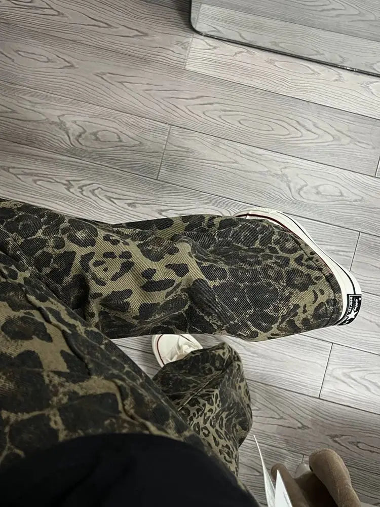 LIZAKOSHT  -  Tan Leopard Jeans Women Men Denim Pants Oversize Wide Leg Trousers Streetwear Hip Hop Vintage Loose Casual Animal Print American