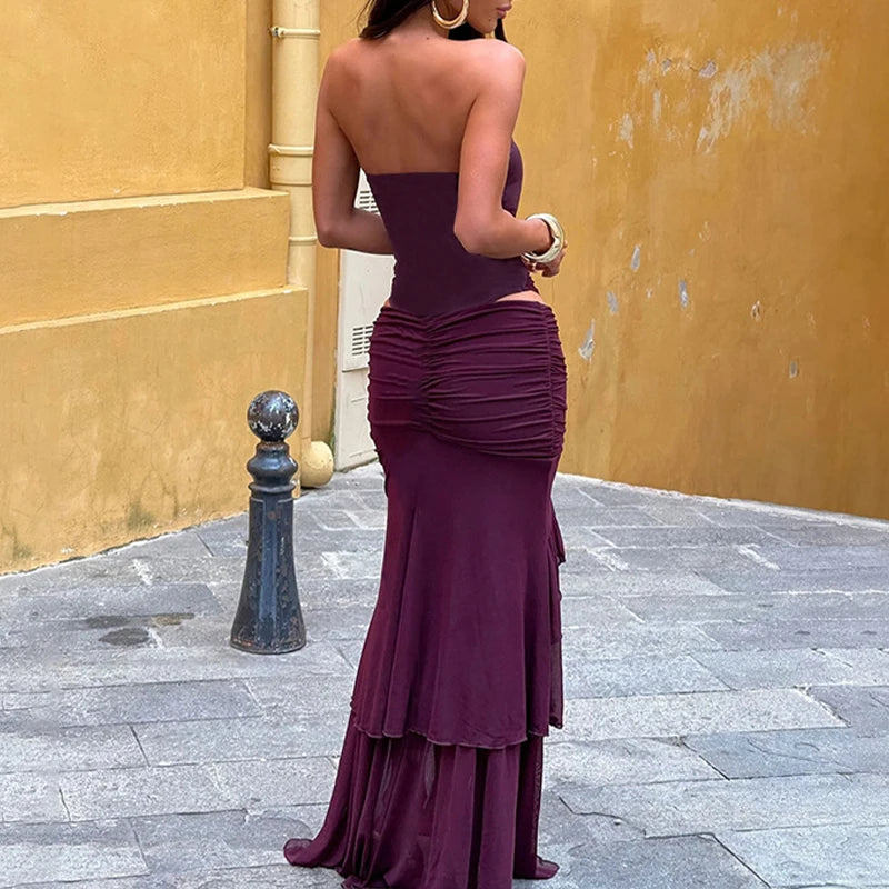 LIZAKOSHT  -  Sexy Strapless Mesh Patchwork Crop Top and Ruched Floral Appliques Long Skirts Solid Party Two Piece Club Beach Outfits