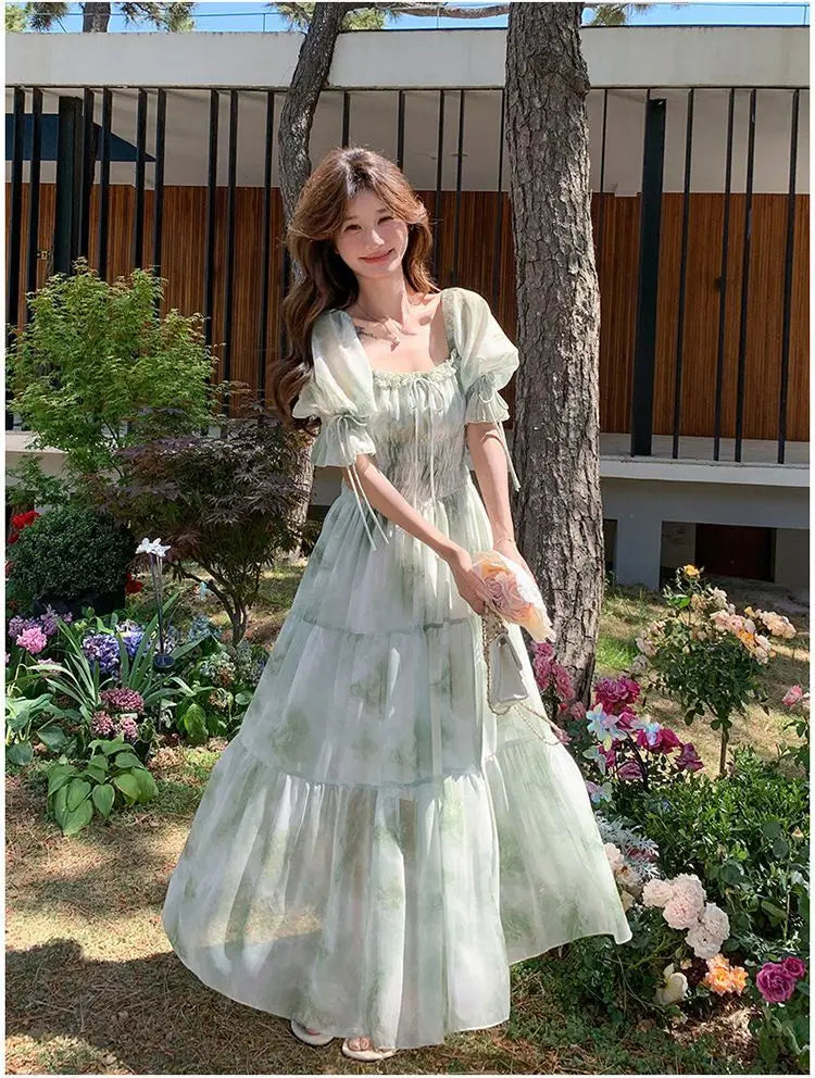 LIZAKOSHT  -  French Tender Style Square Collar Floral Print Dress for Women