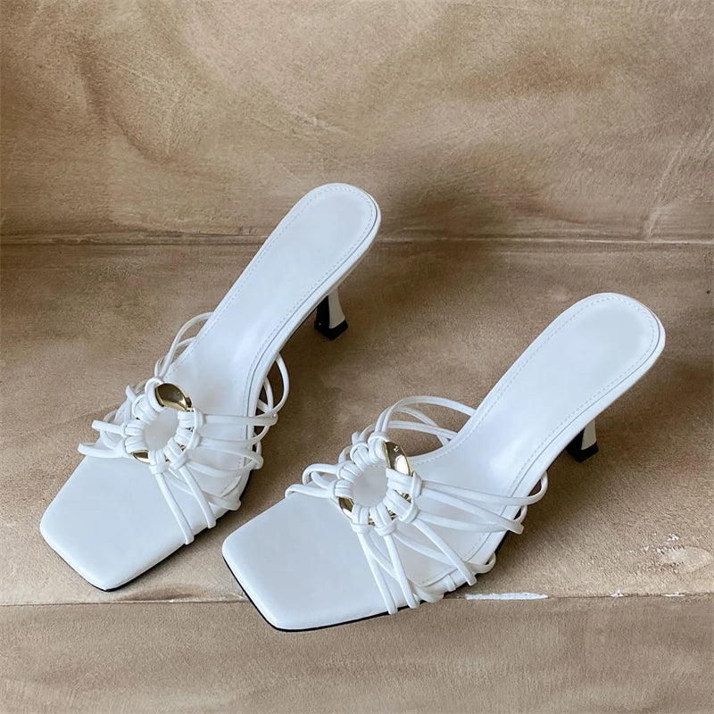 LIZAKOSHT  -  Fashion Metal Decoration Narrow Band Women Slippers Summer Square Toe Thin Heels Party Dress Ladies Shoes