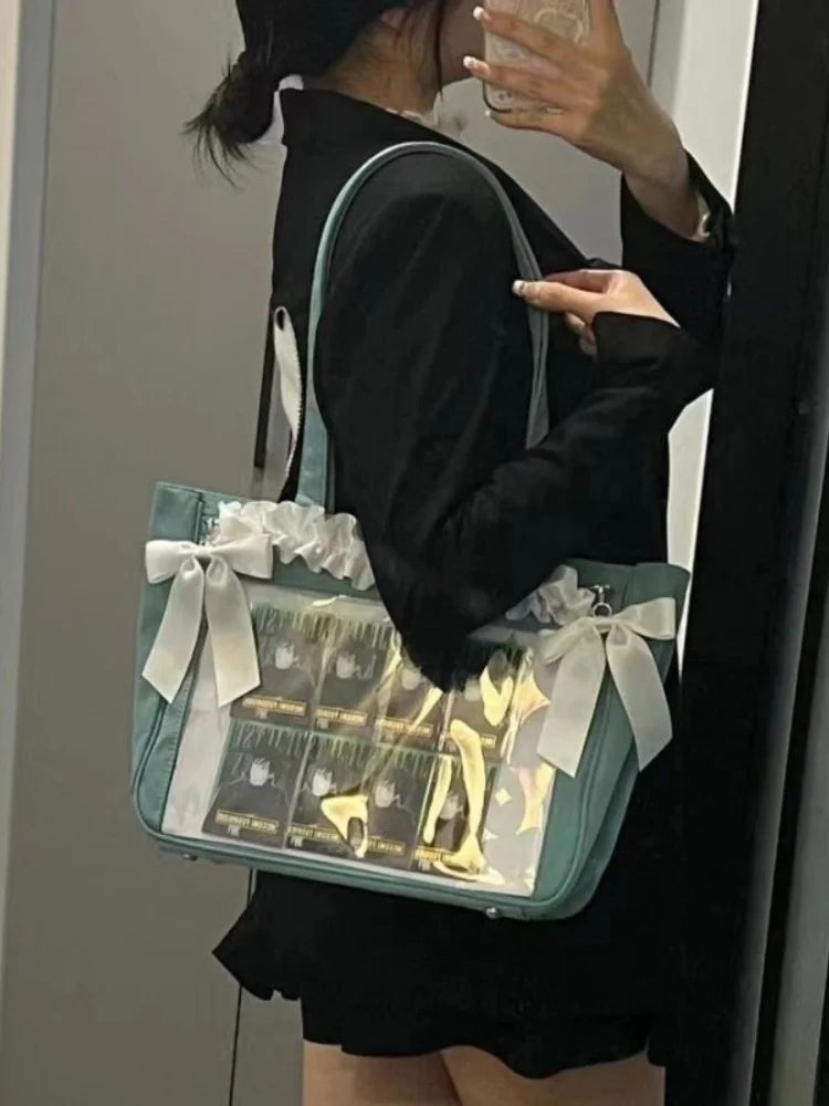 LIZAKOSHT  -  Japanese Ruched Transparent Lolita Bow Women Shoulder Handbag Cute All Match Handbag Itabag Designer Bag