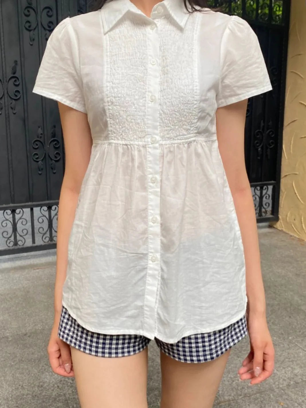 LIZAKOSHT  -  White Folds Patchwork Slim T-shirt Blouse Woman Turn Down Collar Single Breasted Thin Shirt Summer New Sweet Cotton Tee Tops Y2k