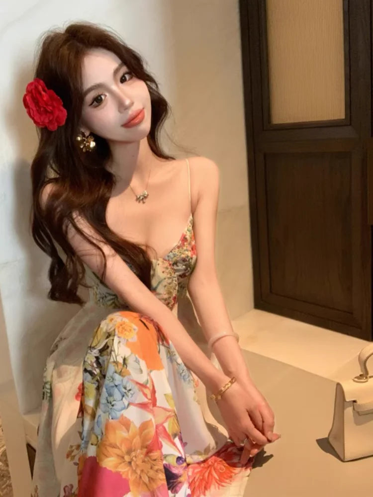 LIZAKOSHT  -  Holiday Flowy Chiffon Long Cami Dress Women Twist Bandage V-neck Ruffle Bohemian Print Flower Dress Casual Beachwear