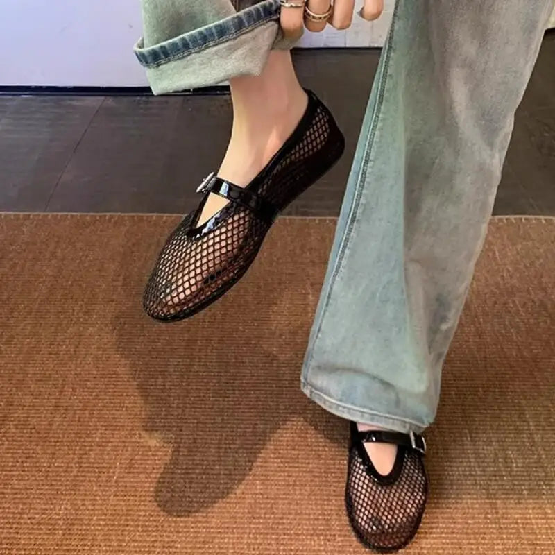 LIZAKOSHT  -  Summer Fashion Designer Rhinestones Round Toe Mary Janes Women Flat Mesh Sandals Buckle Strap Comfortable Outdoor Dress Shoes