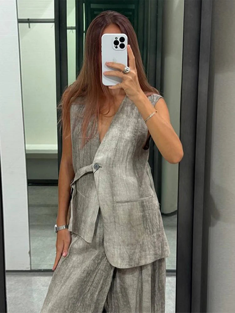 LIZAKOSHT  -  Casual Tie-dyed Lace Up Women Tank V-neck Sleeveless Single Button Loose Female Vest 2024 Spring Summer New Fashion Lady Tops