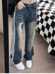 LIZAKOSHT  -  Jeans Side Stripe High Waist Streetwear Retro Washed 2024 Summer New American Women Leisure Loose Leg Straight Leg Pants