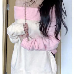 LIZAKOSHT  -  Off Shoulder Knit Sweater Women Sweet Slash Neck Long Sleeve Pink Patchwork Knitted Pullovers Loose Casual Korean Style Sweaters