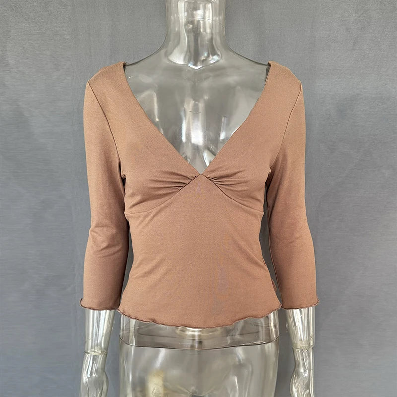 LIZAKOSHT  -  Deep V Neck Sleeve Ruched Cropped Top Wrap Front Slim Stretch Spring Summer Chic b Lady Women Sexy Minimalist Blaze