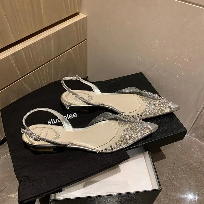 LIZAKOSHT  - crystal rivets transparent sandals women pointed toe slingback summer wedding shoes woman gladiator sandalias mujer