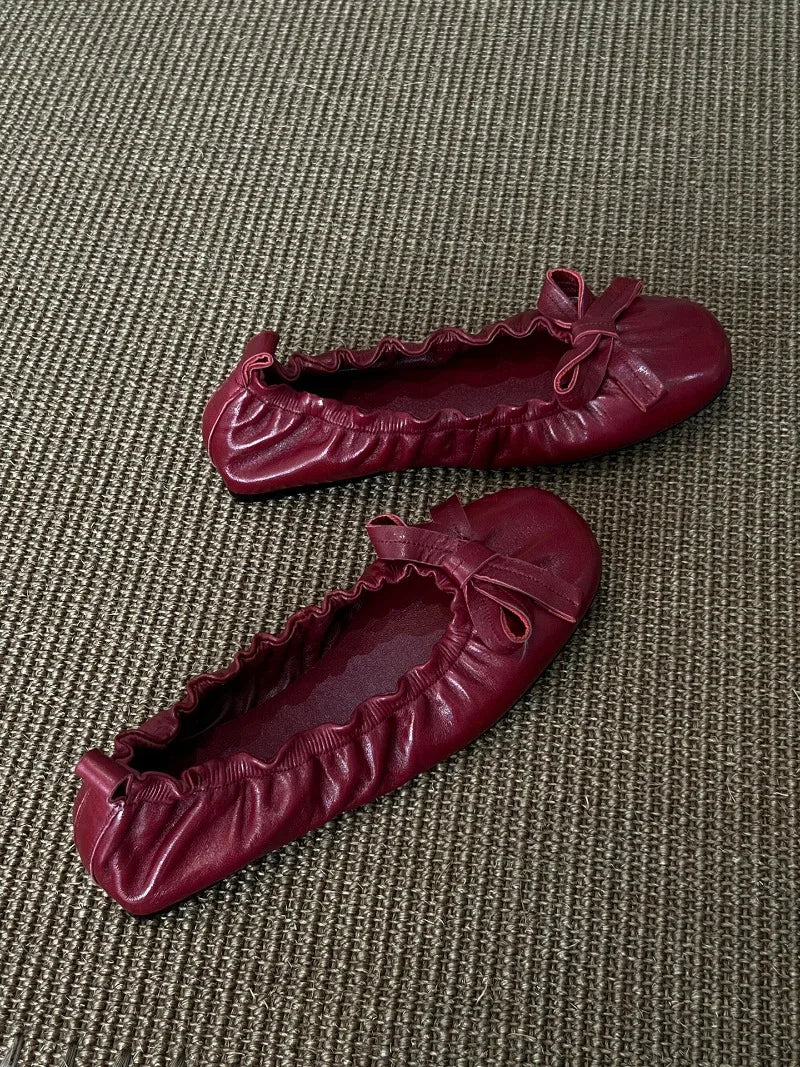 LIZAKOSHT  -  Red Bow Pleated Design Brand Ballet Flat Shoes Women Retro Round Toe Shallow Mary Jane Shoes Comfortable Moccasin Casual Shoes
