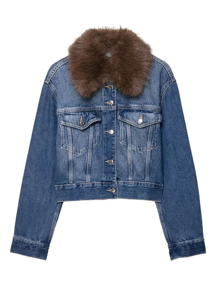 LIZAKOSHT  -  Women Blue Denim Jacket With Brown Faux Fur Collar Full Sleeve Button Front Cropped Casual Outerwear 2025 Autumn Lady Streetwear