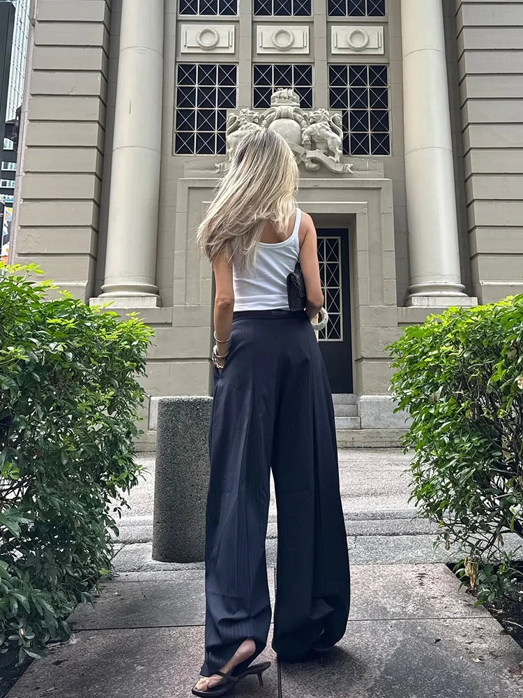 LIZAKOSHT  -  Women's Pants Woman Clothing Wide-Leg Trousers Y2k Pants Tracksuit Female Pinstripe Pleated Fashion High-Waist Casual Bottoms