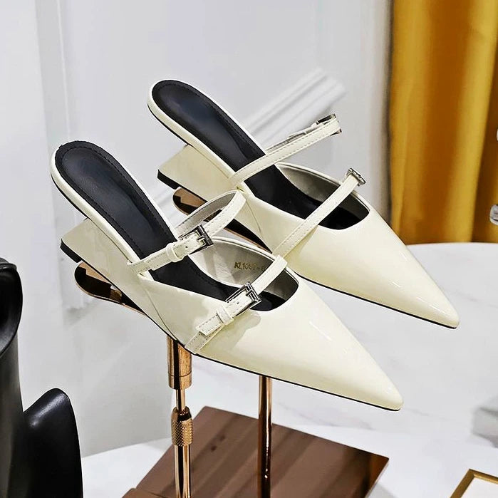 LIZAKOSHT  -  Designer Wedge Heels Patent Leather Pointed Toe Muller Pumps Women Elegant Slingback Sandal Female Fashion Female Heels Slippers