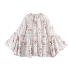 LIZAKOSHT  -  Spring Summer White Pink Floral Print Flare Cuff Long Sleeve Pullover Shirt Women Bow O Collar Loose Short Blouses Femme Tops