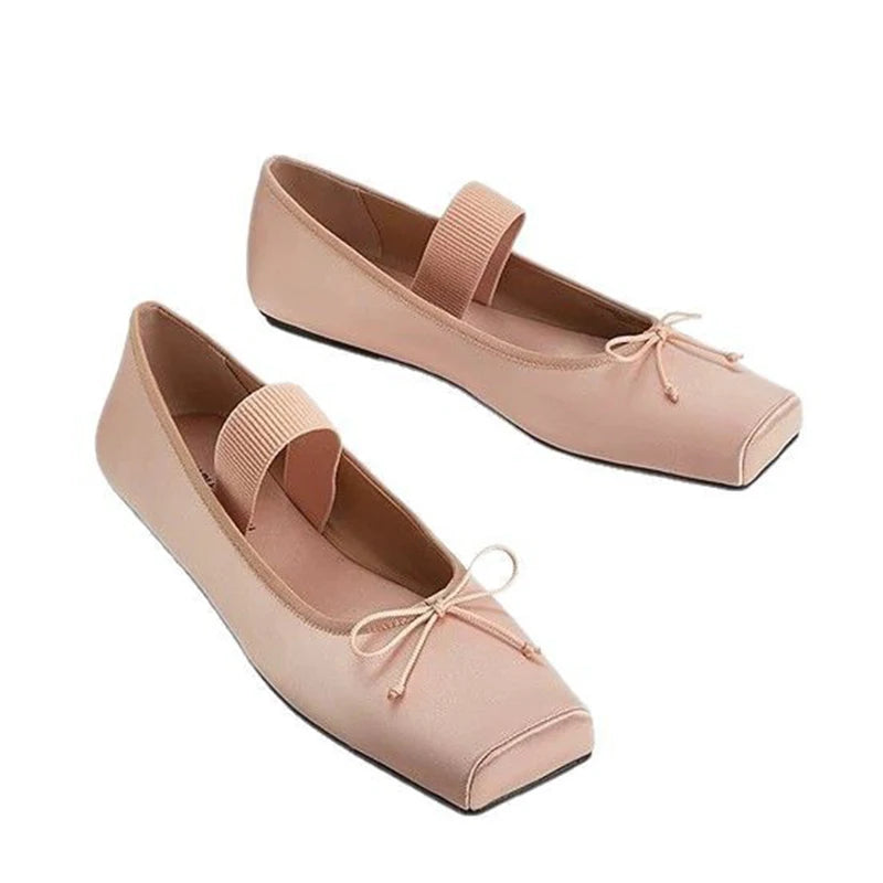 LIZAKOSHT  -  sweet pink silk flat shoes woman square toe bowtie ballet flats silver leather mary janes shoes elastic band moccasions women