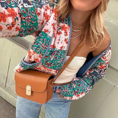 LIZAKOSHT  -  Women Contrast Color Flower Print V Collar Quilted Jacket Ethnic Front Pockets Quilting Full Sleeve Loose Coat