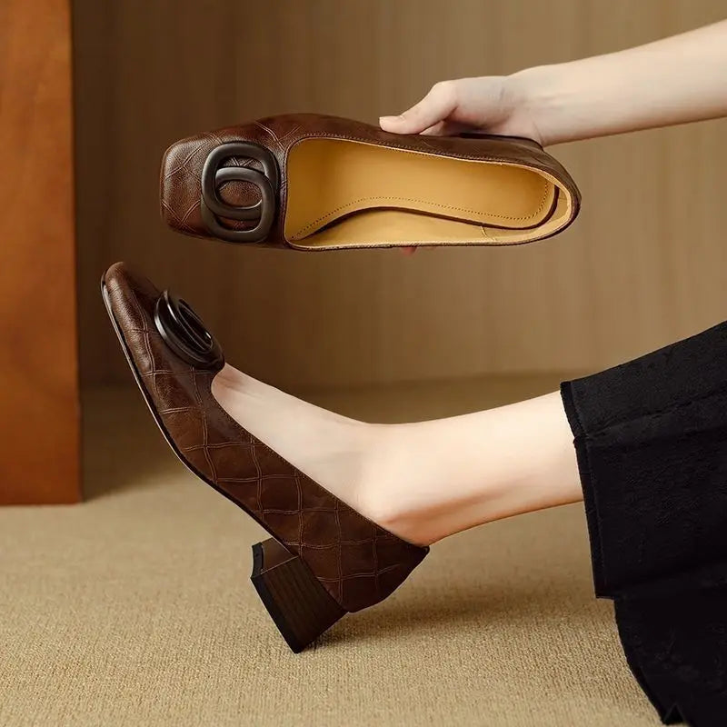 LIZAKOSHT  -  Soft Leather Comfortable Women's Single oes Spring Autumn Sle Square Head No Fatigue Thi Heel Match Skirt oes Casual