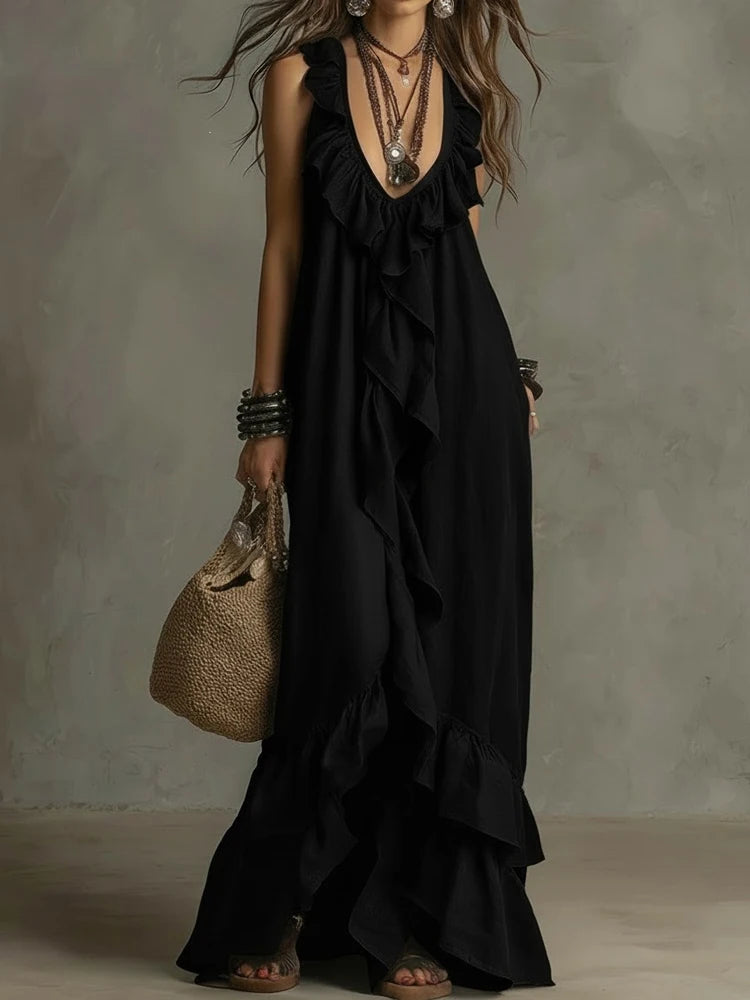 LIZAKOSHT  -  Lady Fashion Ruffle Trim Vacation Long Dress Bohemian Style Loose Summer Dress  Elegant Deep V Neck Sleeveless Solid Party Dress