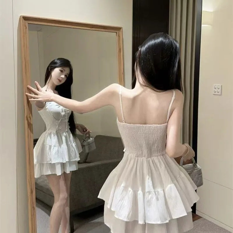 LIZAKOSHT  -  Red Lace Patchwork Design Strappy Dress Women New Summer Korean Style Fashion Evening Party Outfits Y2k Causal Dresses New