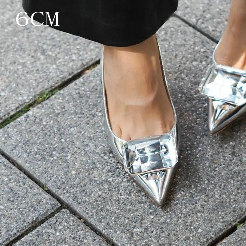 LIZAKOSHT  -  Summer New High-Heeled Shoes Pointy Square Buckle Crystal Shallow Mouth Thin Heels Elegant Sandals For Woman