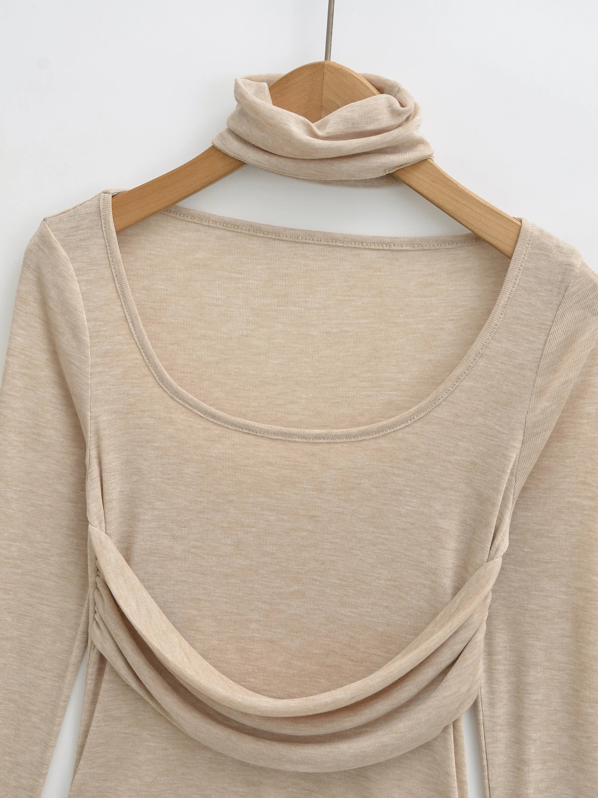 LIZAKOSHT  -  3 color Spring Removable High Collar Long Sleeve T Shirt Women Spliced Ruched Chest Stretch T-shirt Skinny Top Apricot White