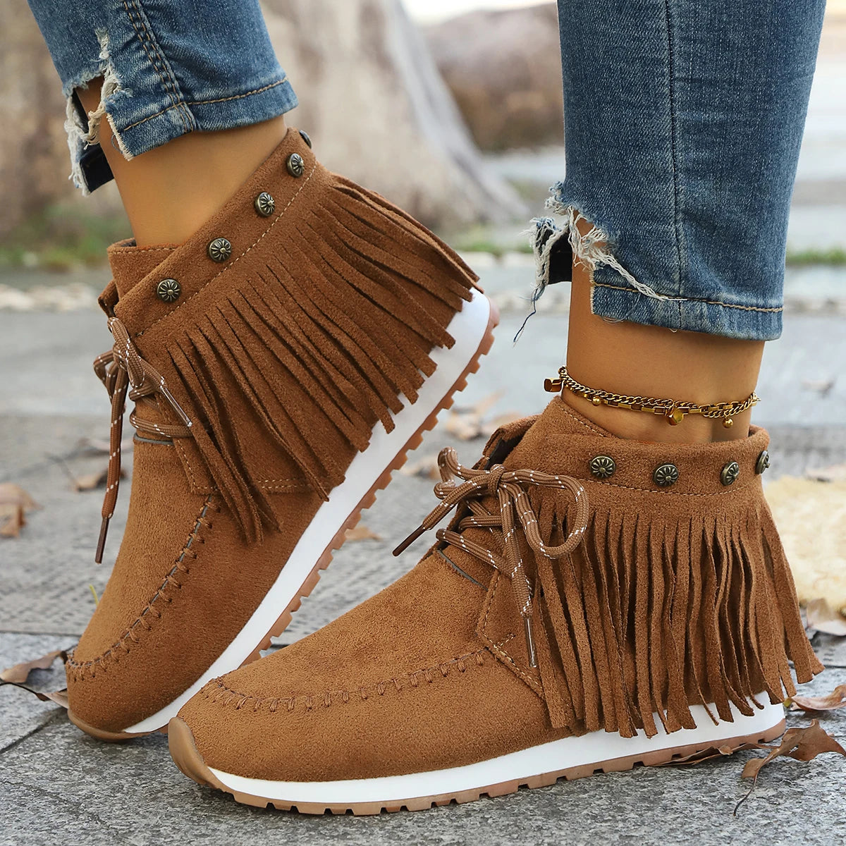 LIZAKOSHT  -  Trendy Womens Tassel Ankle Boots Brown Faux Suede Lace Up Flat Booties Woman Comfort Solid Color Casual Short Botas Mujer