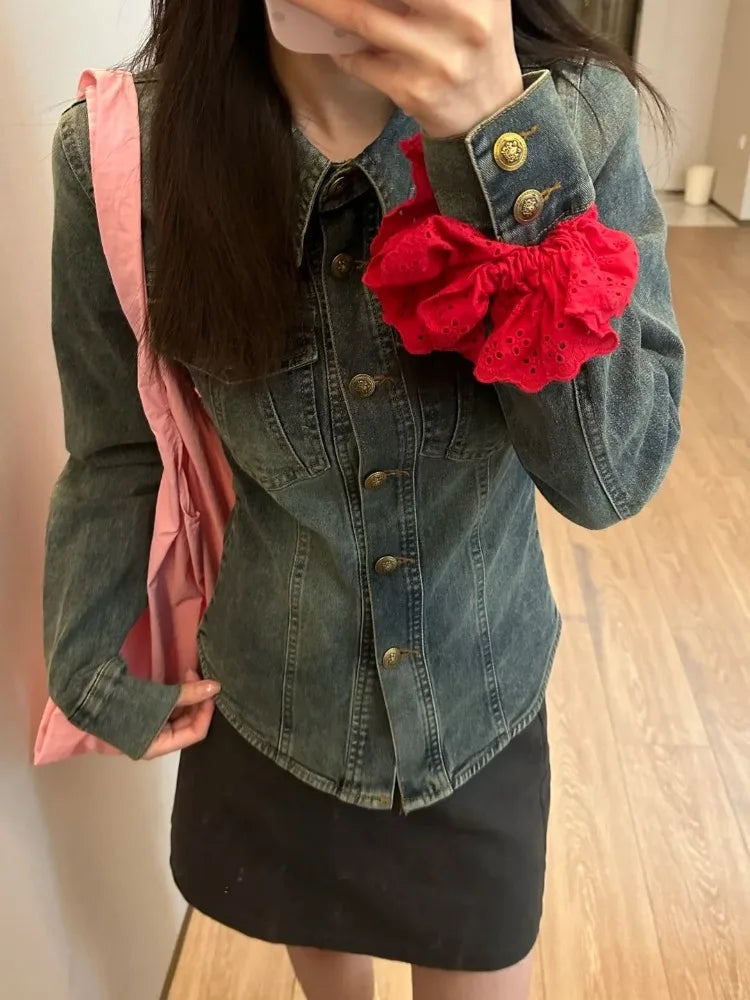 LIZAKOSHT  -  Thin Slim Fit Long Sleeve Denim Shirt Jackets 2025 Spring Autumn New Denim Caot Women Y2k Lapel Neck Single Breasted Blouses