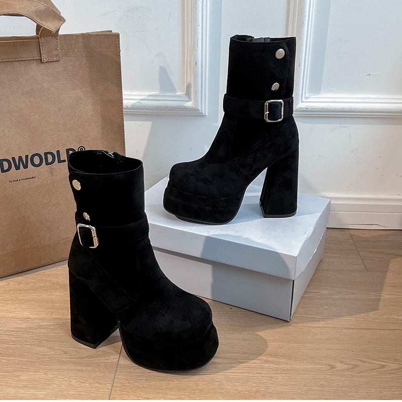 LIZAKOSHT  -  Autumn Winter Fashion High Heel Women Ankle Boots Belt Buckle Punk Shoes Ladies Short Botas Para Mujer