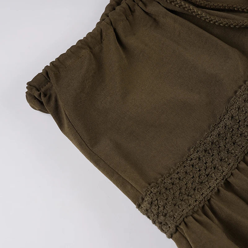 LIZAKOSHT  -  Vintage A-Line Beaded Tie-Waist Woven Skirt For Woman Chic Brown Lace Design Slim Mid-length Skirt Y2k Boho Clothes New