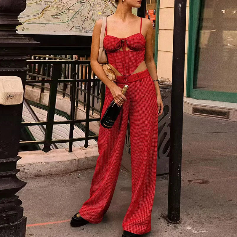 LIZAKOSHT  -  Tracksuit Women Suspender Square Collar Blouse &Button Pants Suit High Street Houndstooth 2-Piece Temperament Suit Lady