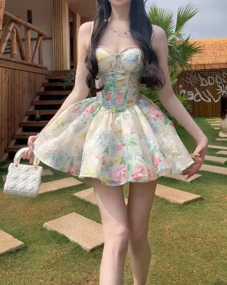 LIZAKOSHT  -  Summer French Coquette Floral Print Mini Dress Women Slim Fit Corset Spaghetti Strap Ruched Flared Hem Party Clubwear Outfit