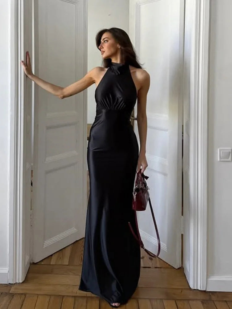 LIZAKOSHT  -  Halter Satin Maxi Dresses For Women Fashion Sexy Streetwear Backless Sleeveless O-Neck Sheath Mini Vestidos Robes Female Slim