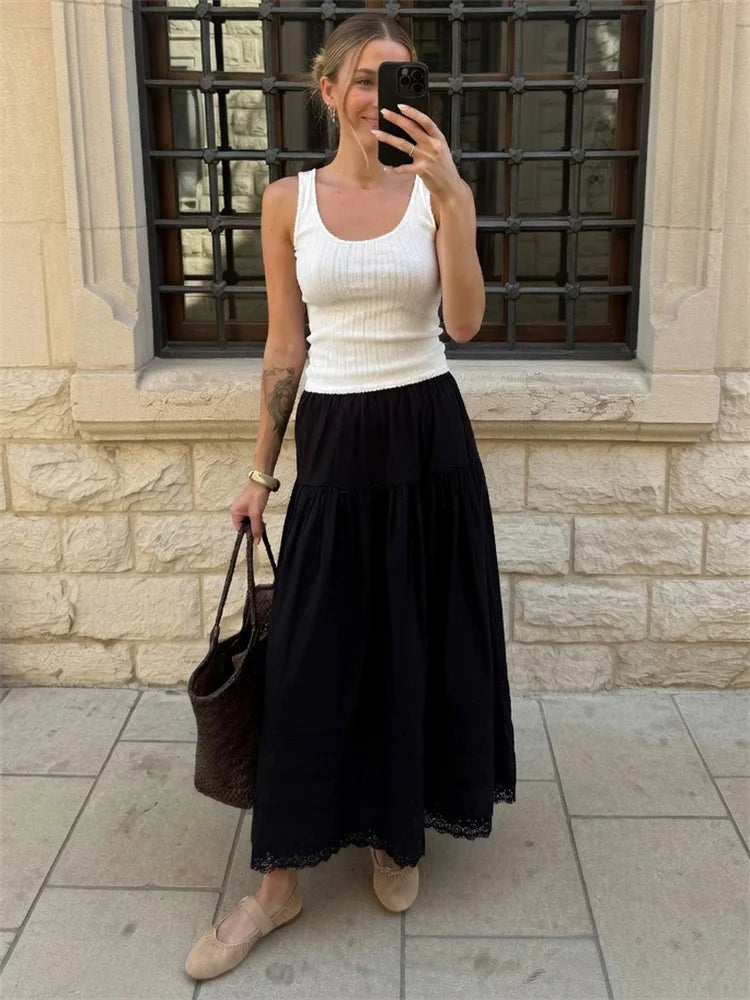 LIZAKOSHT  -  White High Waist Lace Long Skirt Female Pleated Casual Basic Summer Solid Loose Elegant Maix Skirt Women's Clothes Femme