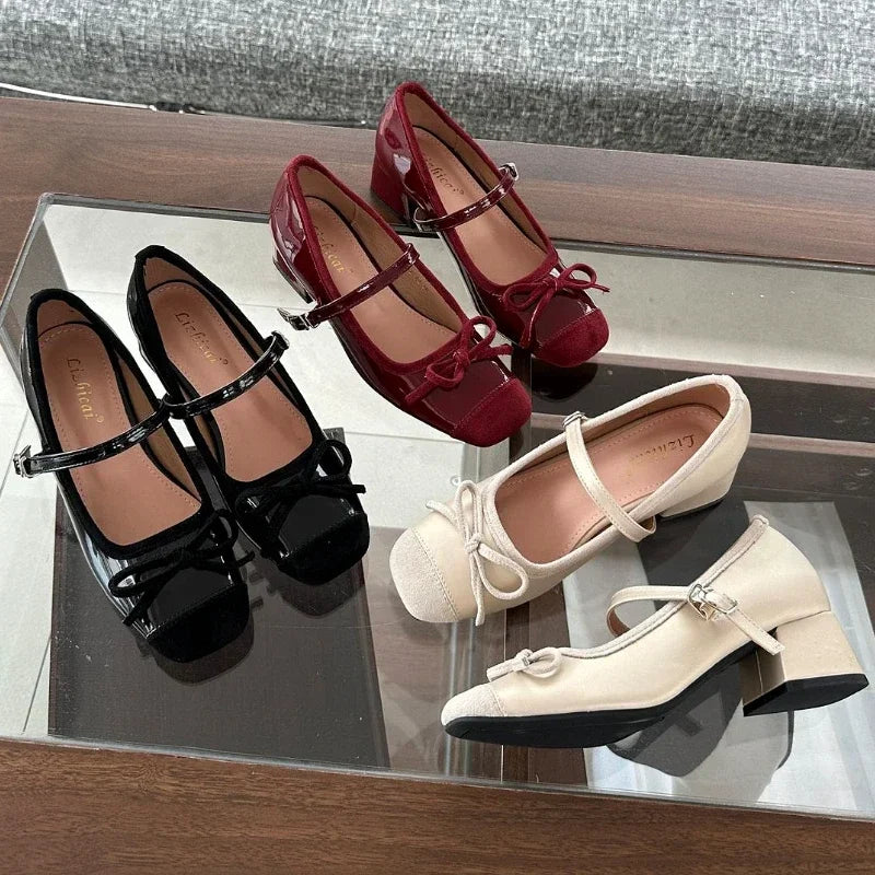 LIZAKOSHT  -  New Designer Mary Jane Shoes Women Sweet Bow Retro High Heels Dress Shoes Elegant Fashion Square Toe Ballet Shoes Pumps Female