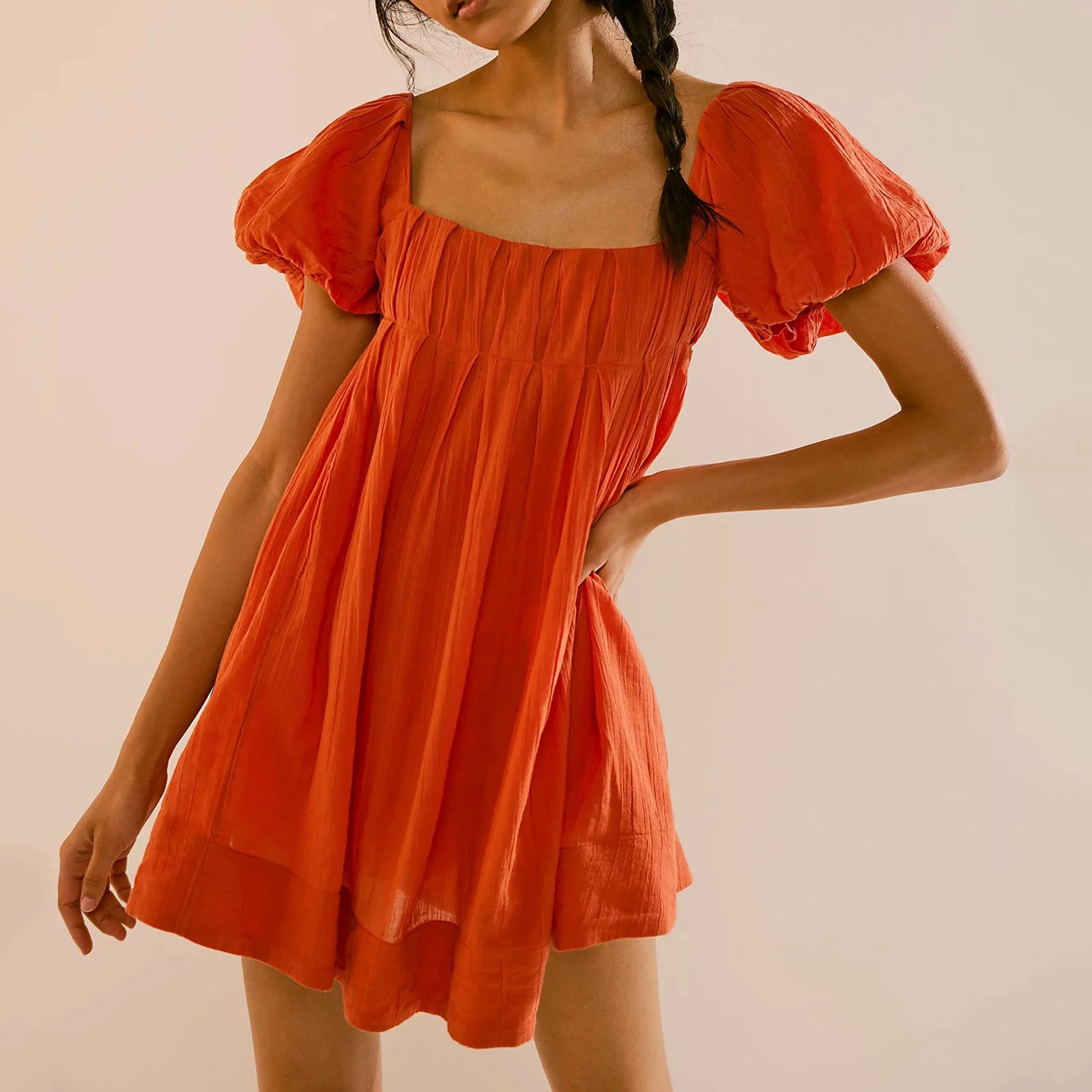 LIZAKOSHT  -  Women Y2k Puff Sleeve Babydoll Short Dress Square Neck Tie Back Mini Dress Flowy Solid Color Summer Vacation Dres