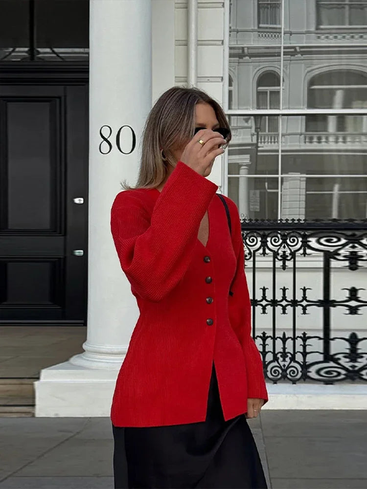 LIZAKOSHT  -  Fashion Solid V-neck Knitted Cardigan Women Solid Full Sleeve Single Breasted Slim  Cardigan 2025 Lady Early Autumn Chic Outwear