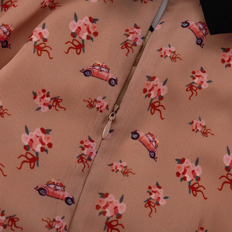 LIZAKOSHT  -  Fashion Printing Contrast Mini Dress For Women Turndown Collar High Waist Pleats Shirt Sleeve Patchwork Women's Mini Dress