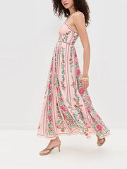 LIZAKOSHT  -  Sexy Printed Bead Sling Dress Women Fashion Sleeveless High Waist Pleated A-line Long Dresses 2025 Lady Summer Chic Party Robes