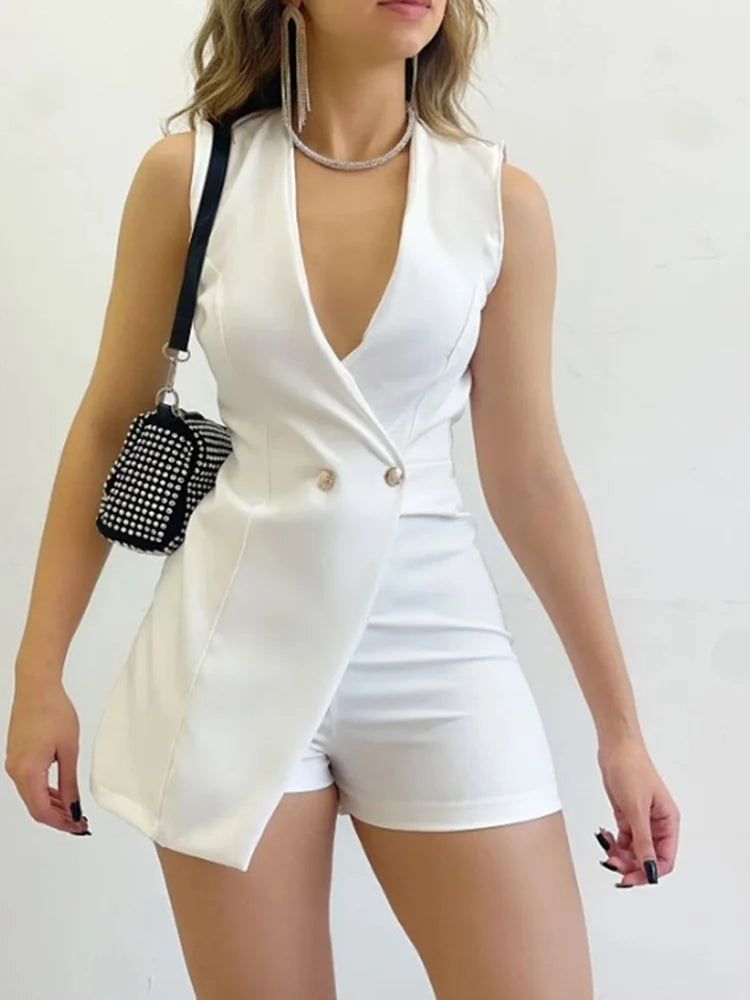 LIZAKOSHT  -  Women Sexy Deep V Neck Solid Playsuits Elegant Buttons High Waist Shorts Jumpsuits Summer Ladies Sleeveless Casual Rompers
