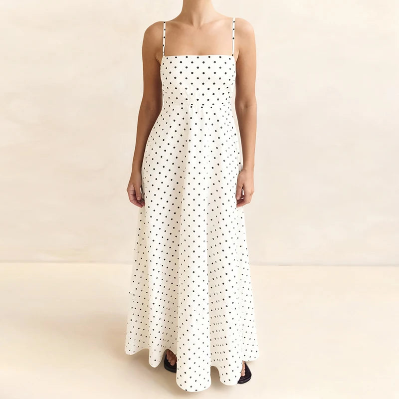 LIZAKOSHT  -  Women Vintage Maxi Dress Dot Print Sleeveless Spaghetti Strap A Line Dress with Pockets Elegant Backless Long Dress