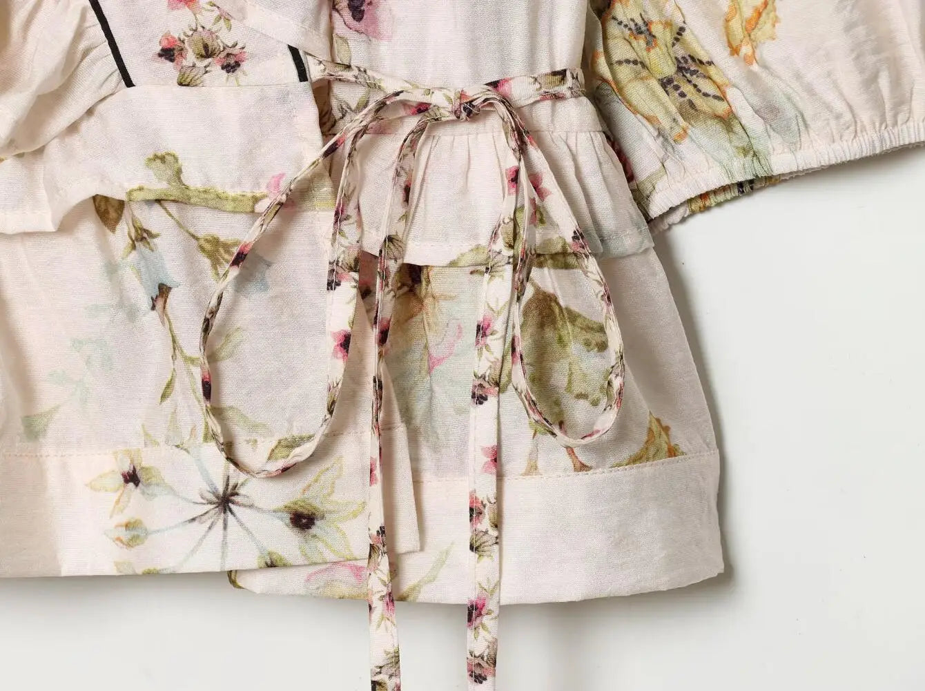 LIZAKOSHT  -  BOHO Light Pink Floral Print Tie Bow Sashes Wrap Shirt Short Women V neck Puff Sleeve Wood ears Waist Kimono Blouse Holiday Cape