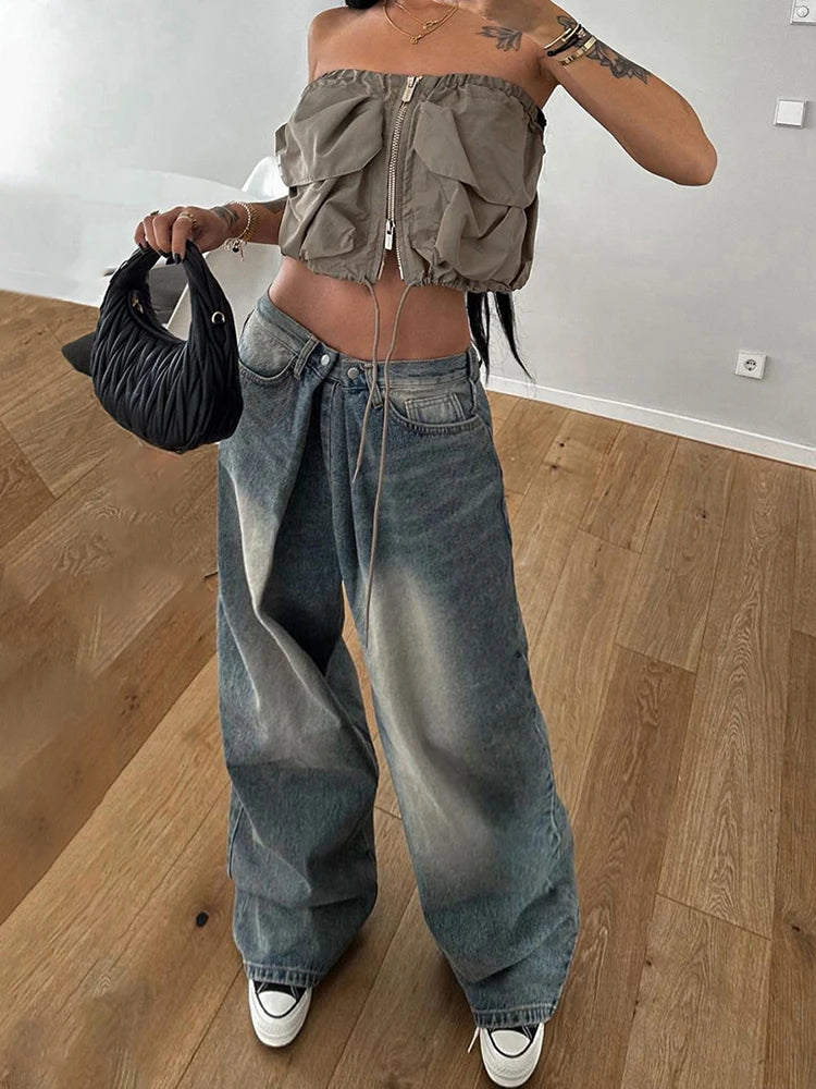 LIZAKOSHT  -  Streetwear Baggy Jeans Women Fashion Low Waist Jean Pants Y2K Vintage Casual Oversize Straight Washed Denim Trousers