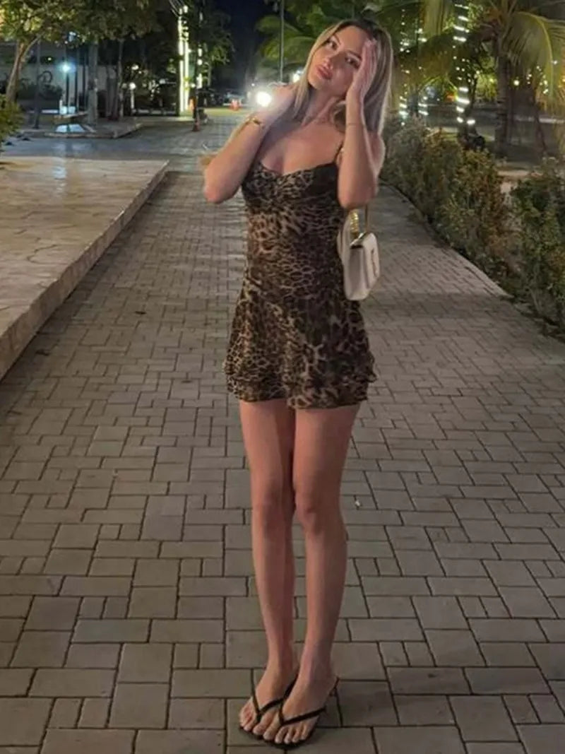 LIZAKOSHT  -  Women Sexy Leopard Print Chiffon Vacation Dress Streetwear Summer Girls Spaghetti Strap Backless Party Club Dresses
