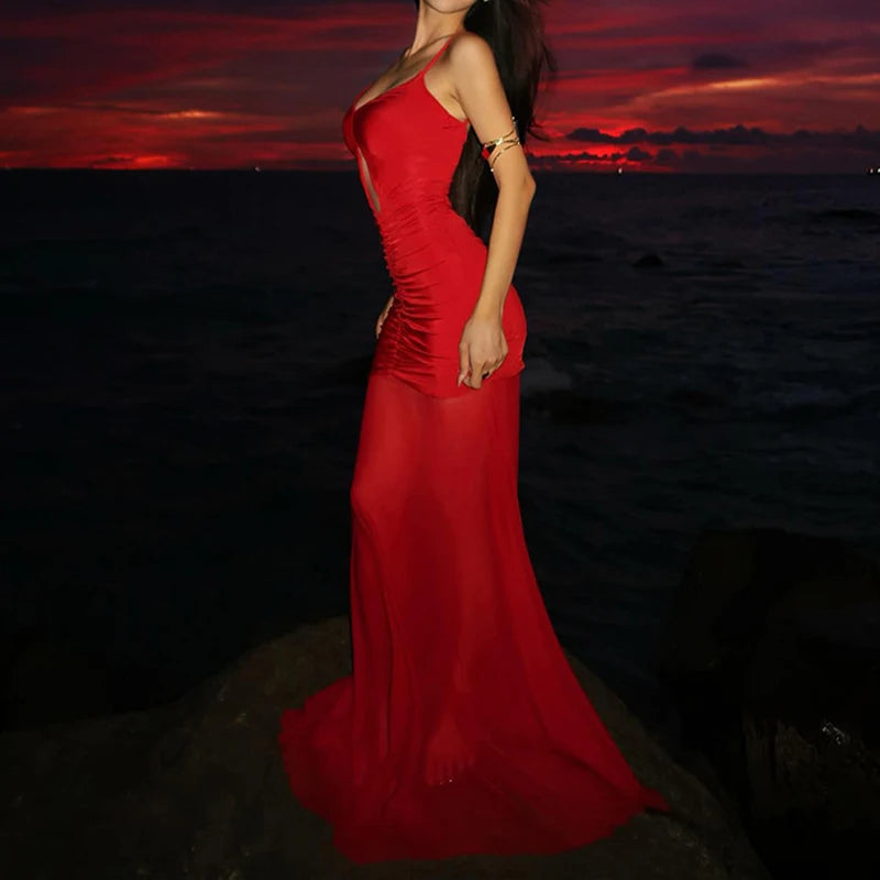 LIZAKOSHT  -  2025 Sexy Summer Elegant Long Dresses For Women Backlesss Front Hollow Out Sling Red Pleated Bodycon Vestidos Vacation Wear