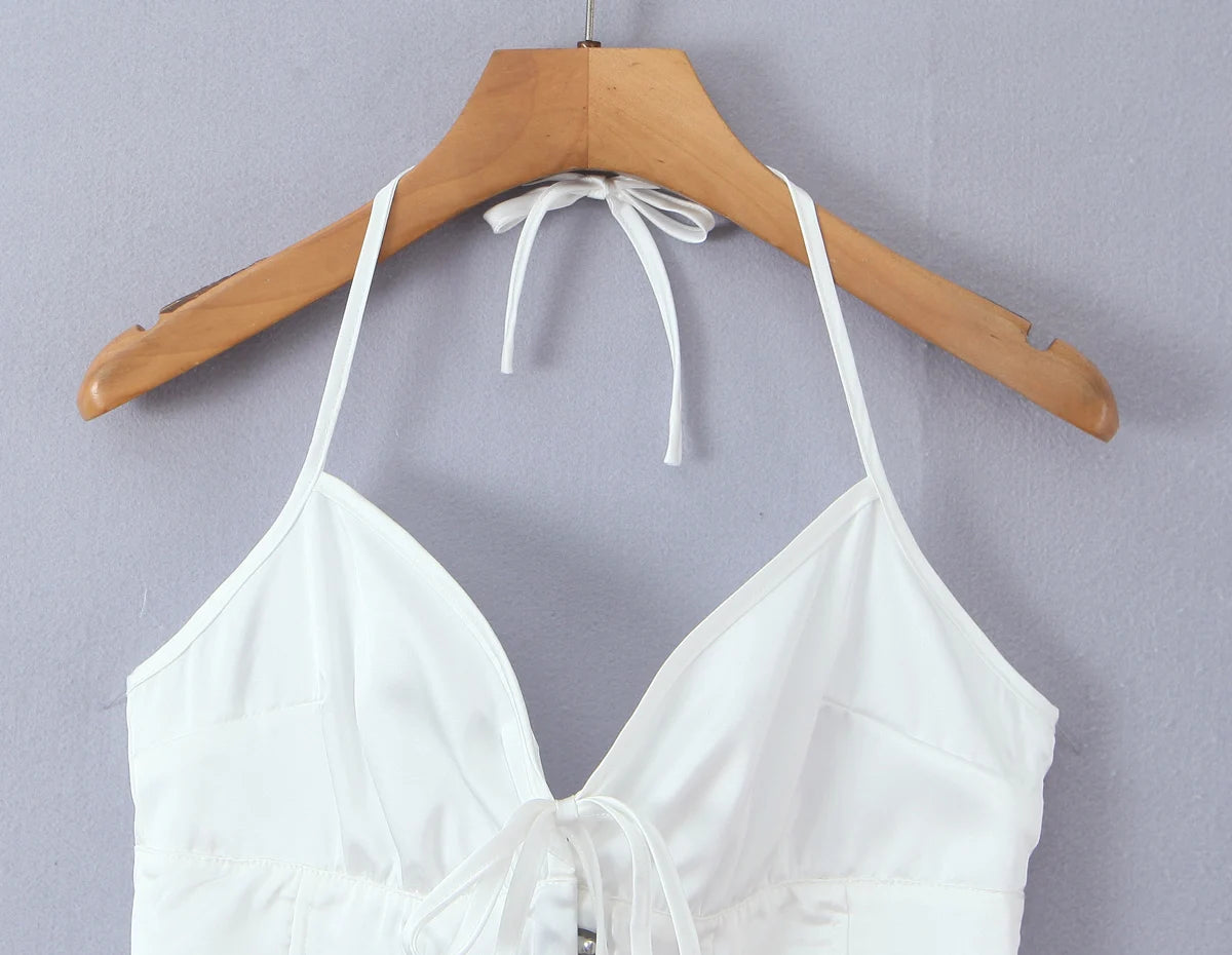 LIZAKOSHT  -  Sexy White Satin Bow Halter V neck Open Hook Buttons Slim Tank Top Women Cross Lacing Up Bandage Back Backless Tee Summer Vest
