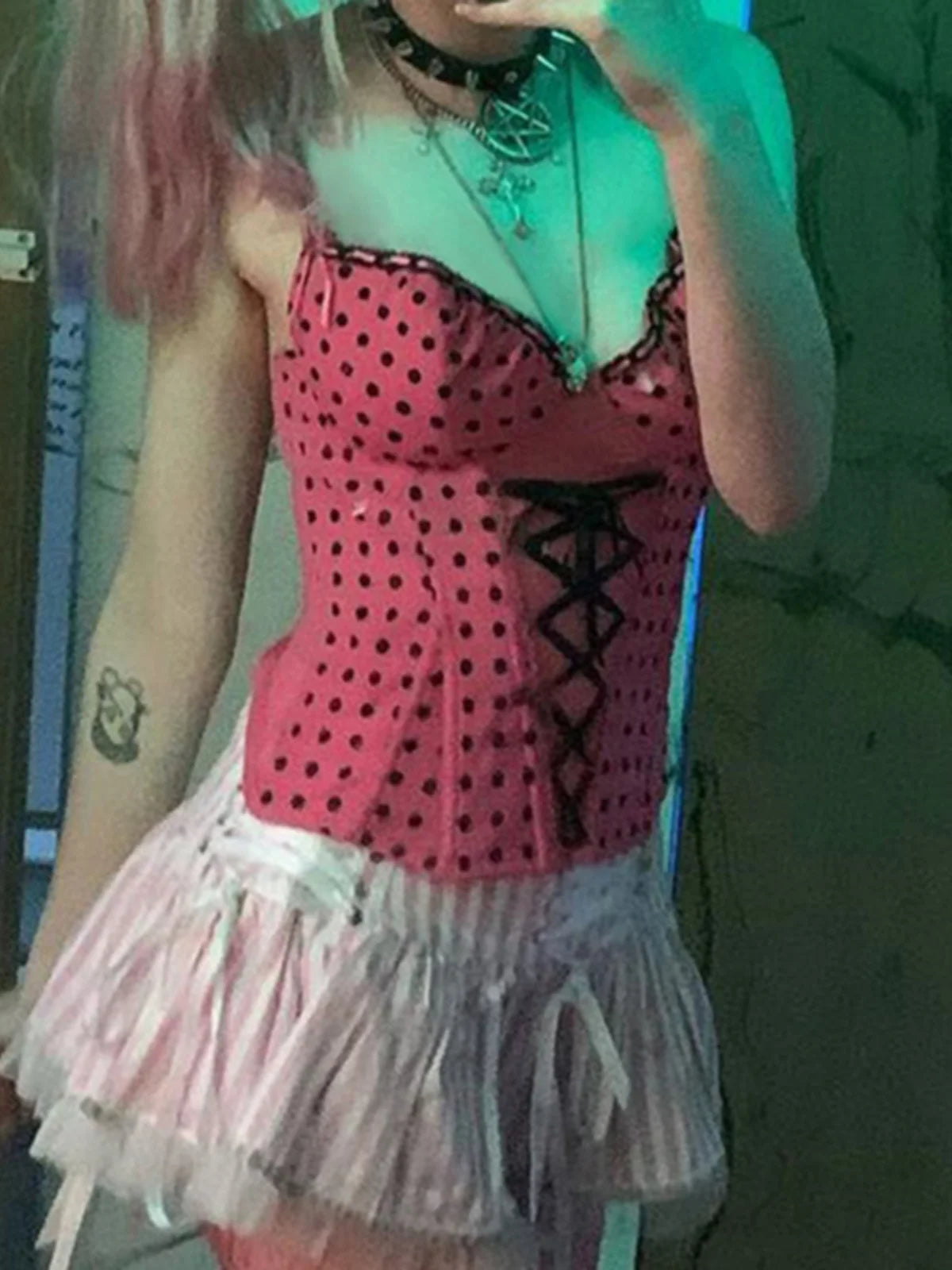 LIZAKOSHT  -  Fashionable Pink and Black Seductive Niche Polka Dot Strap Strap Top+sexy Sweet Striped Pleated Skirt