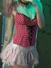 LIZAKOSHT  -  Fashionable Pink and Black Seductive Niche Polka Dot Strap Strap Top+sexy Sweet Striped Pleated Skirt